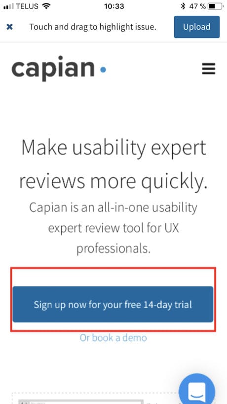 Screenshot of Capian's app to help review UX on mobile