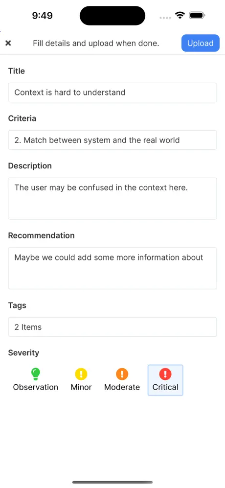 Add finding details: title, criteria, severity